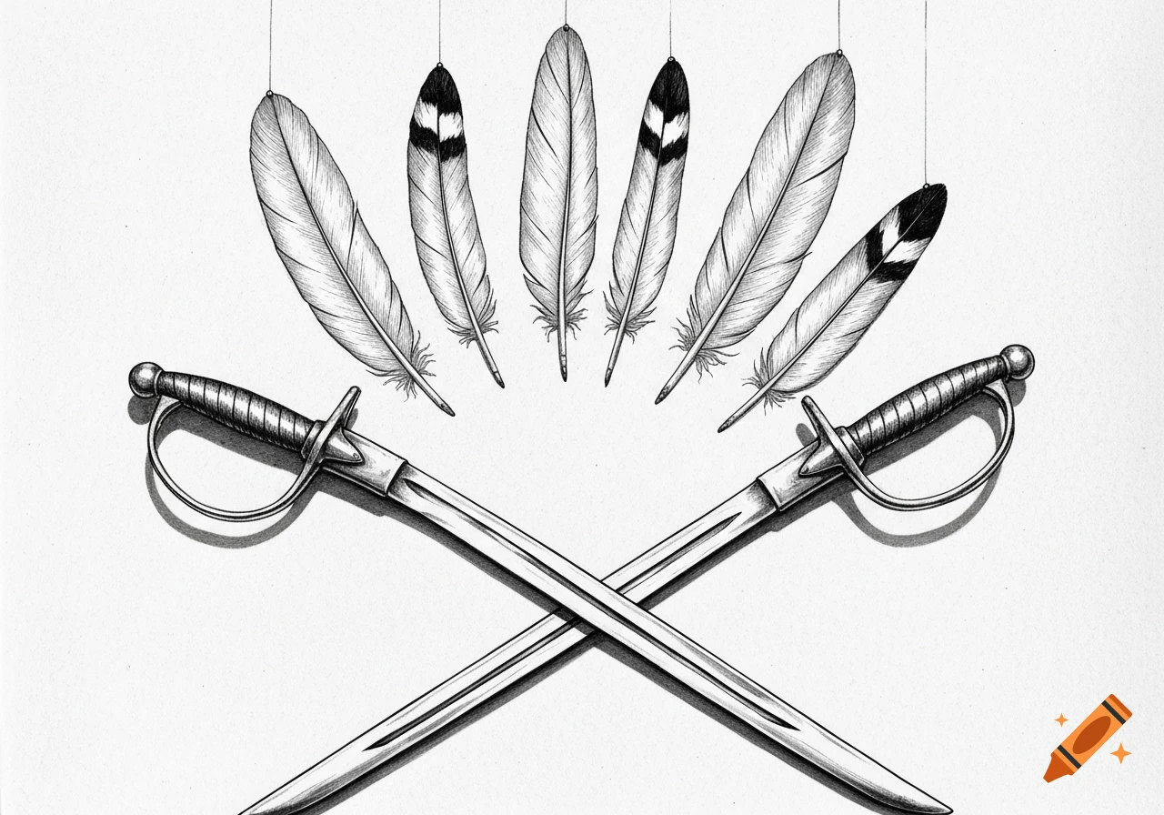 Detailed ink drawing depicting seven feathers suspended in an arc over two crossed sabers.
