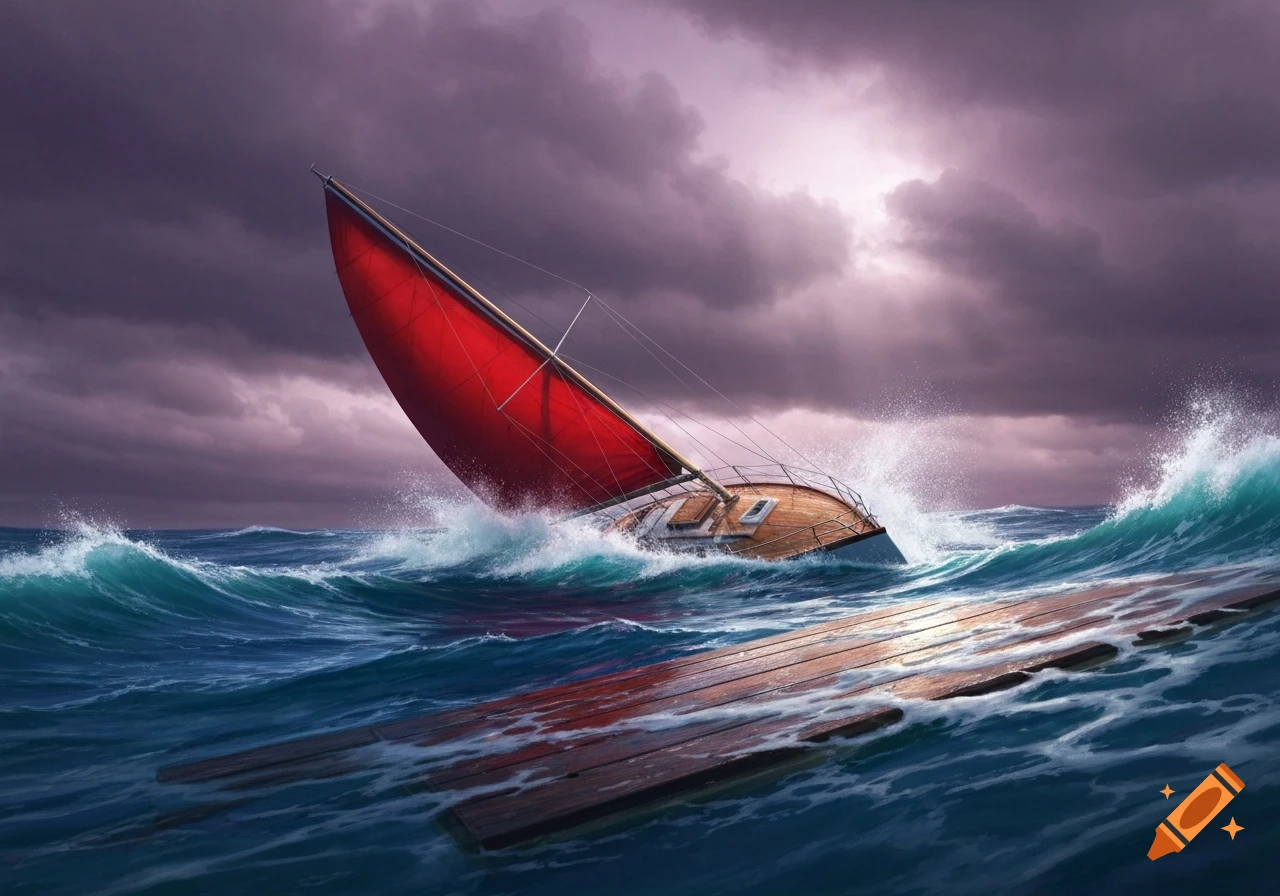 A capsized sailboat with a red sail is being tossed by large, stormy waves under a dramatic, dark sky.