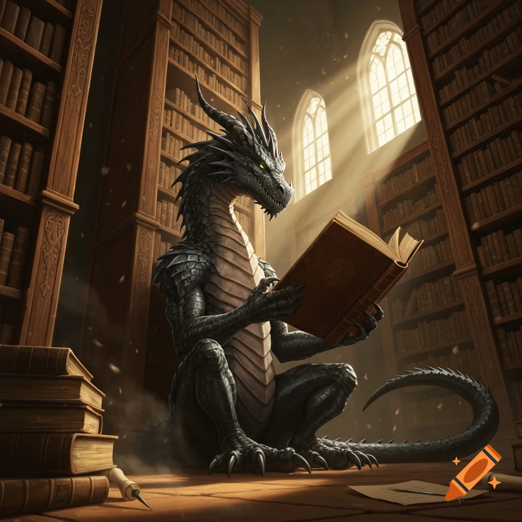 A detailed black dragon sits in a grand library, engrossed in a large book, bathed in light from arched windows.