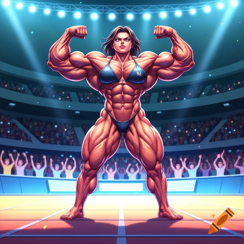 Anime-style female bodybuilder flexing her massive muscles on a stadium stage in front of a cheering crowd.