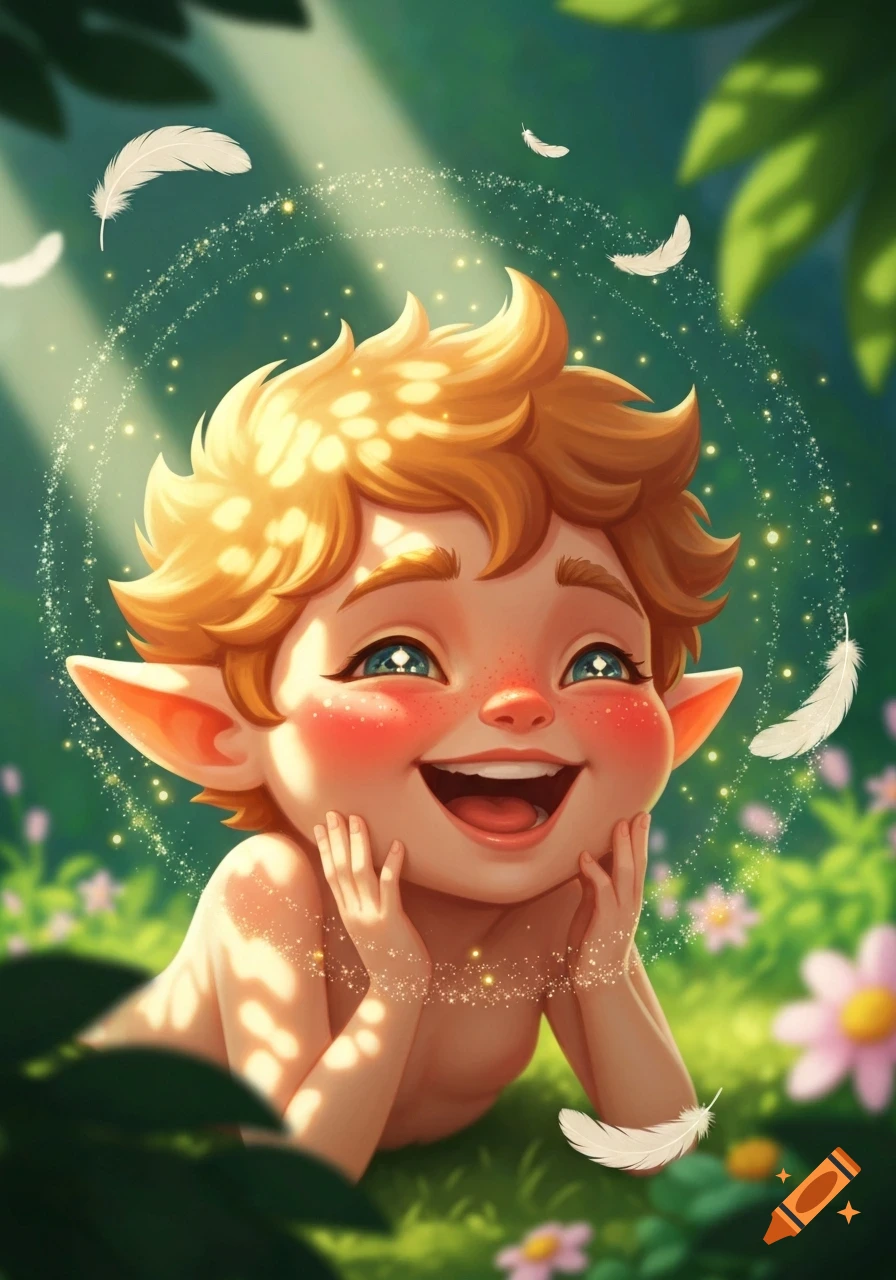A joyful cartoon elf baby with red hair and pointy ears laughs in a sunlit magical forest with feathers and sparkling light.