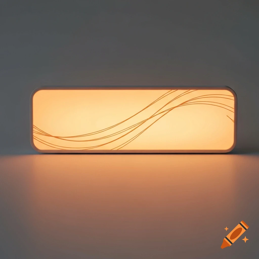 A photorealistic flat, rectangular LED mood light with an orange glow and abstract wavy lines on its surface.