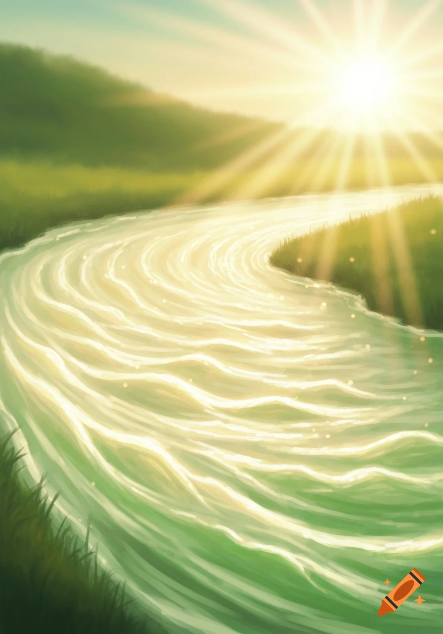 A stylized illustration of a winding river with glowing, golden-green water, flowing through grassy banks under a radiant, sunlit sky.