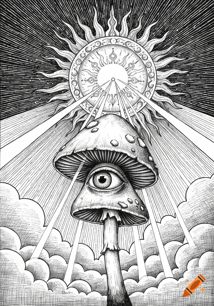 Black and white pen and ink drawing of an eyed mushroom under a medieval sun with light rays through clouds.