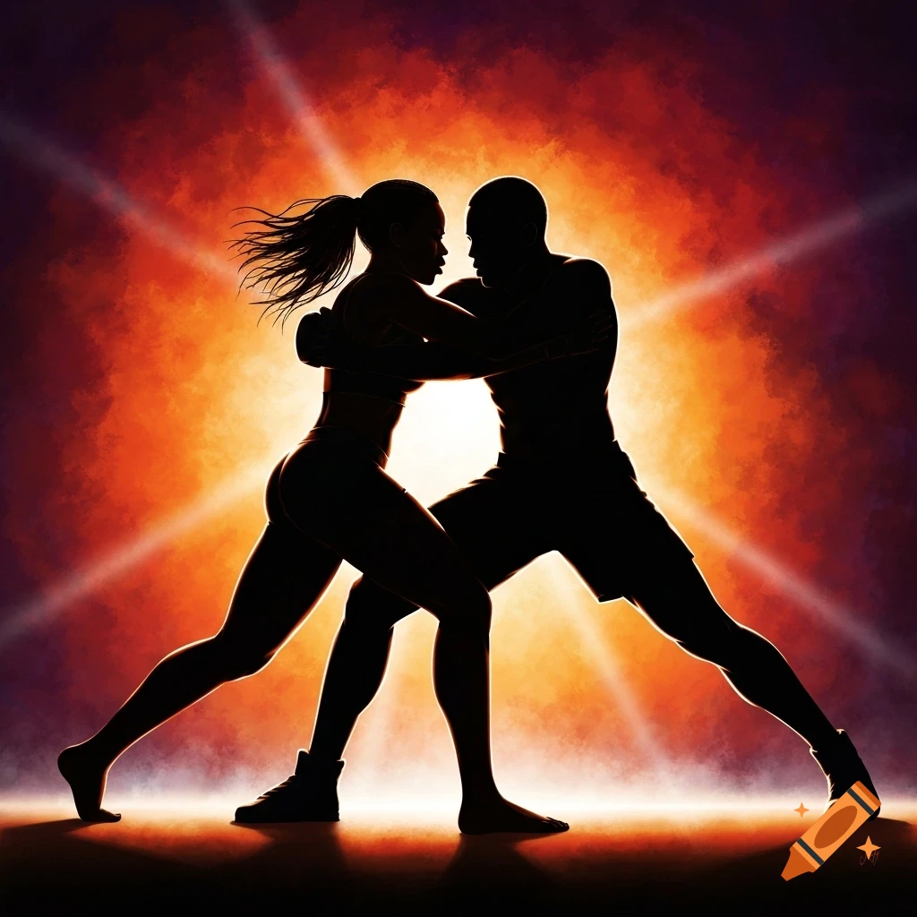 Silhouette of a man and woman in a martial arts or grappling pose against a dramatic, glowing orange and red background.