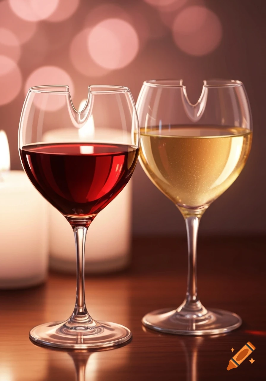 Two wine glasses, one red and one white, with subtle heart-shaped rims, against a romantic bokeh and candlelit background.