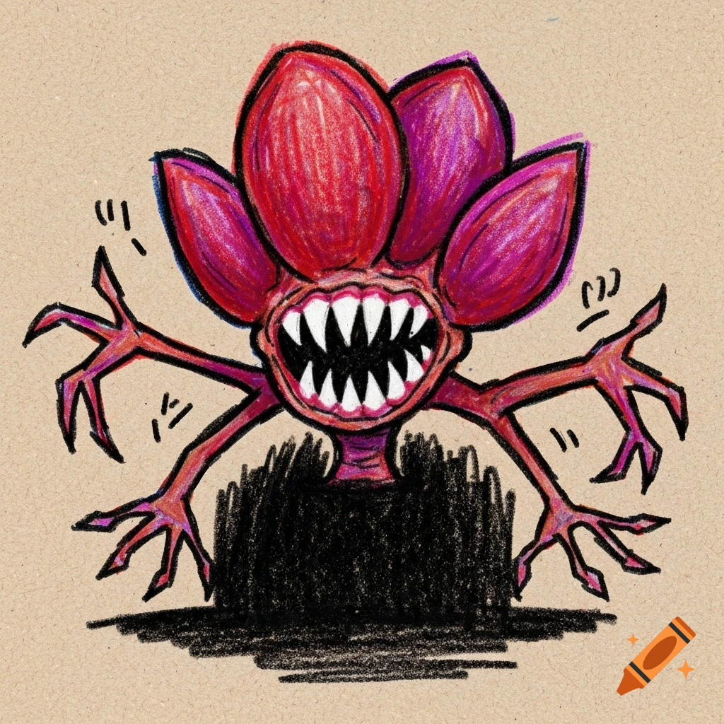 Child's crayon drawing of a red Demogorgon with sharp teeth and claws, emerging from a dark mass on a brown background.