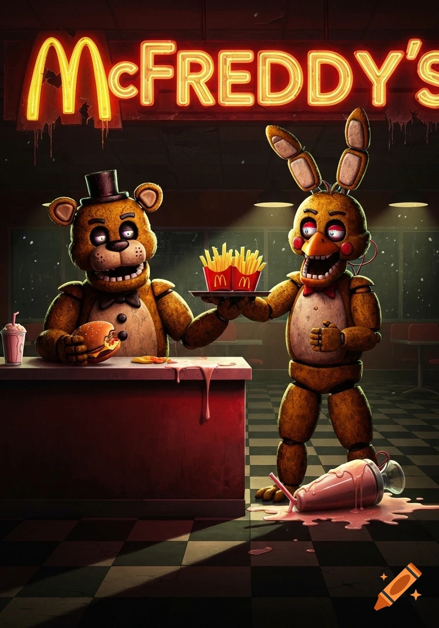 Freddy Fazbear and Chica animatronics in a dark McFREDDY'S fast food restaurant, Freddy eating a burger while Chica serves fries.