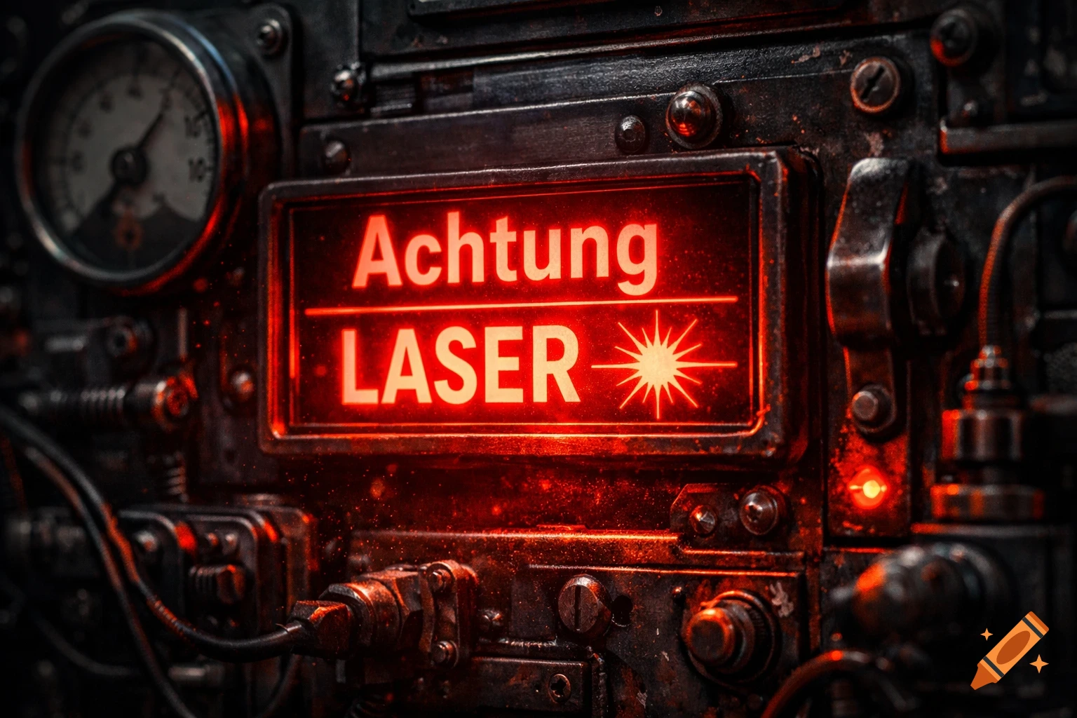 A close-up of a dark, grungy industrial control panel with a glowing red sign reading "Achtung LASER" and a starburst symbol.