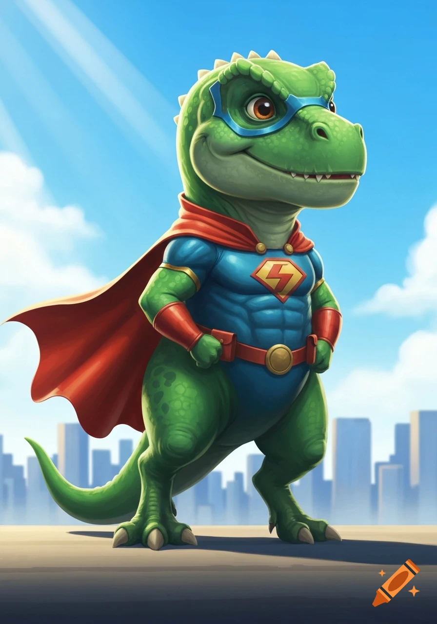 A cute green cartoon T-Rex dinosaur wearing a blue superhero suit with a red cape and an 'S' symbol, standing on a rooftop.
