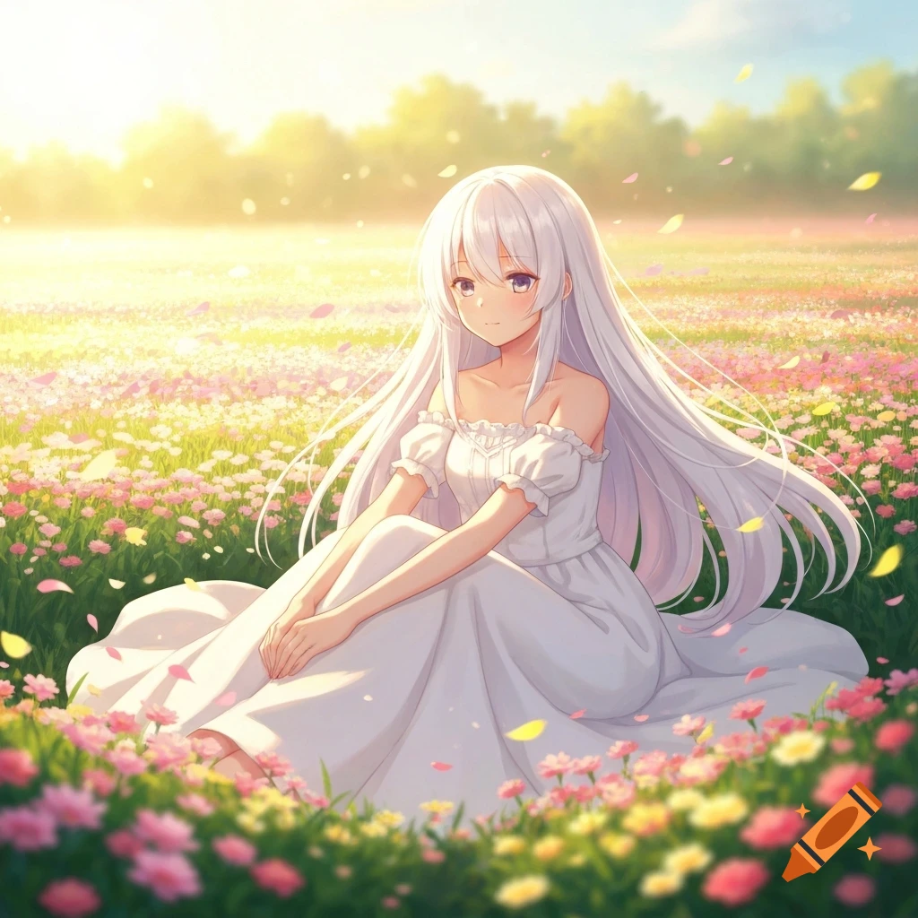 An anime girl with long white hair in a white dress sits amidst a vibrant field of pink and yellow flowers under a sunny sky.