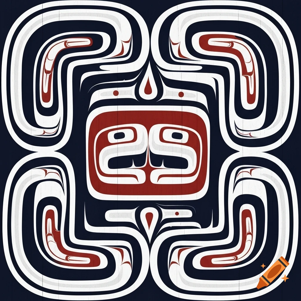 Symmetrical dark blue, white, and red Indigenous formline art pattern with ovoids and U-shapes.
