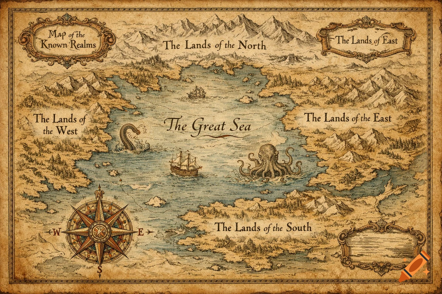 An aged, vintage-style fantasy map showing a central sea, surrounding lands like 'The Lands of the North', and mythical sea creatures including a kraken.