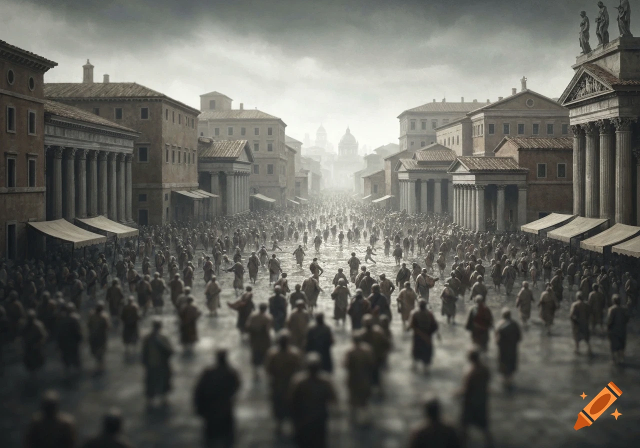 A bustling ancient Roman city street under a cloudy sky, filled with a blurred crowd of people.