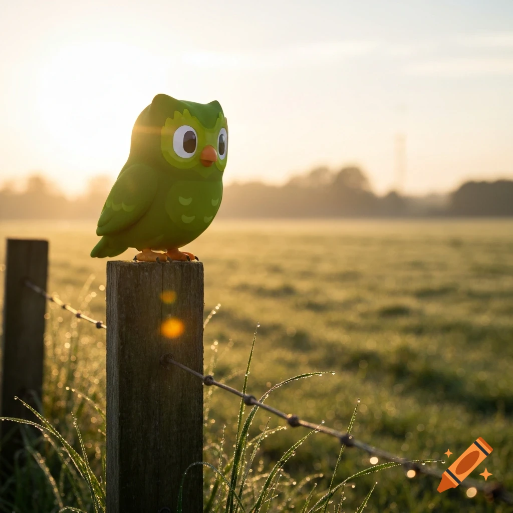 A Duolingo owl figurine perched on a wooden fence post in a dewy field at sunrise, with bright lens flare.