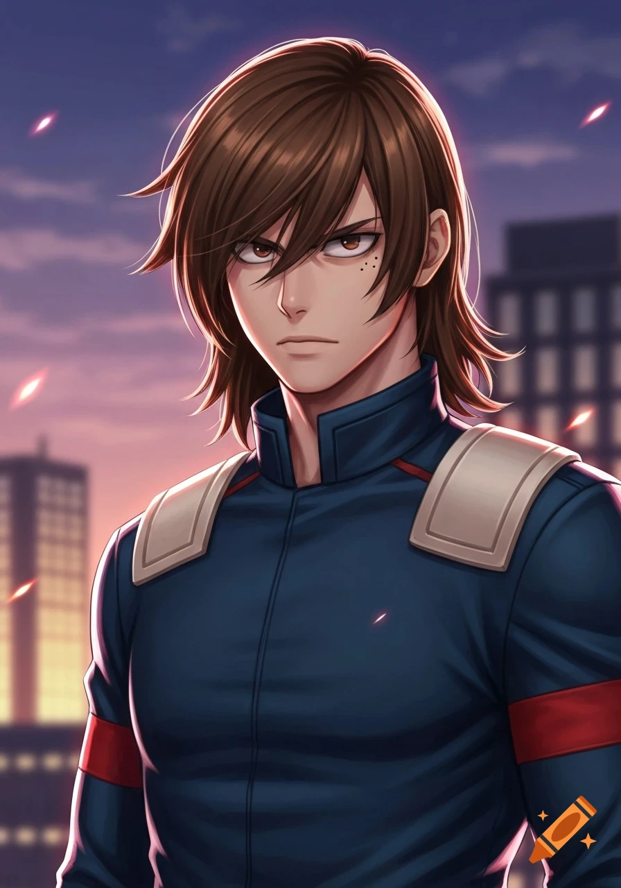 Anime-style male character with brown hair and determined eyes in a blue and red uniform, standing against a sunset city background.