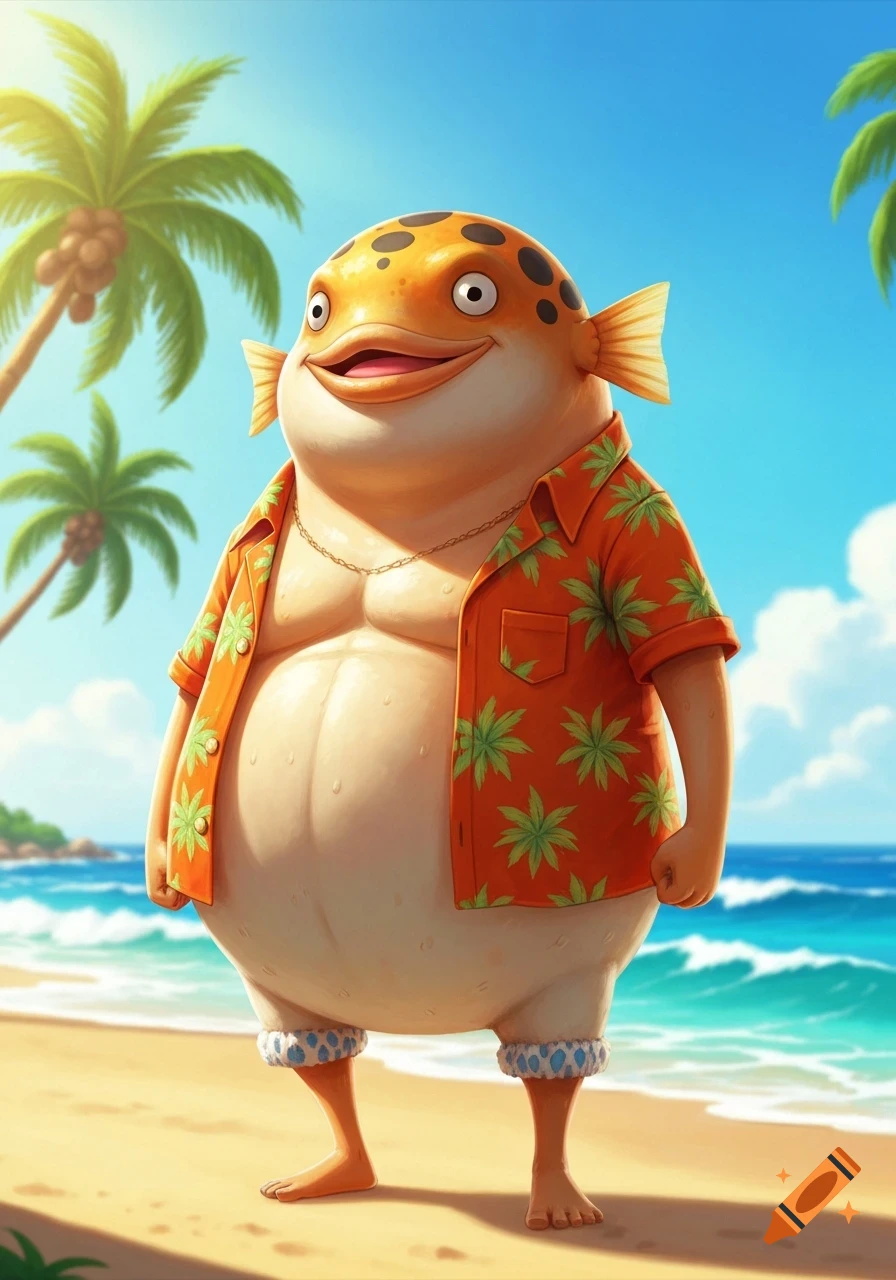 A cheerful, orange pufferfish-inspired character wearing an open orange Hawaiian shirt stands on a sunny beach with palm trees and ocean.