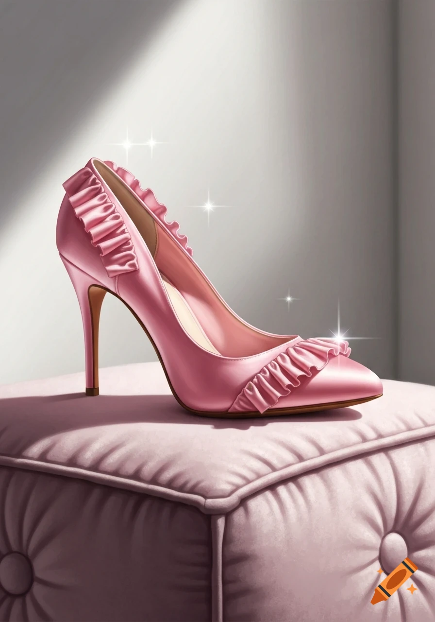 Pink ruffled high-heel shoe on a tufted pink cushion.