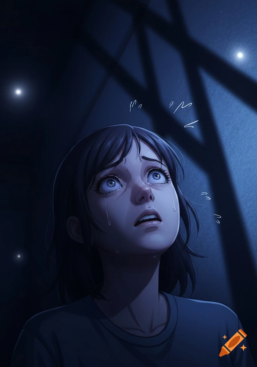 Distressed anime girl looking up and crying in a dark, blue-lit room.