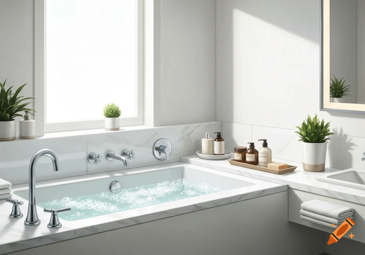 A modern, bright bathroom with a bathtub filled with bubbly water, plants, and toiletries on the counter.