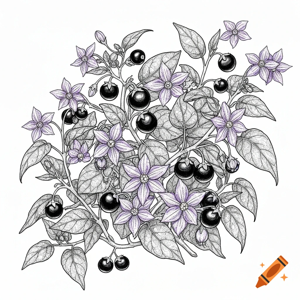 Detailed black and white botanical illustration of a deadly nightshade plant with purple flowers and dark berries.
