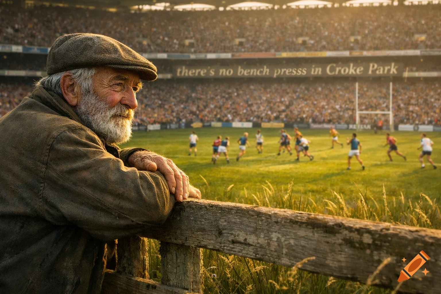 An old man with a beard and flat cap leans on a wooden fence, watching a Gaelic football match in Croke Park stadium at sunset.