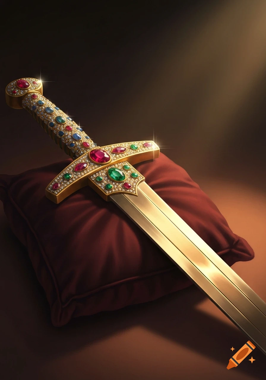 A sparkling golden sword encrusted with red, green, and blue gemstones, resting on a plush red velvet cushion.