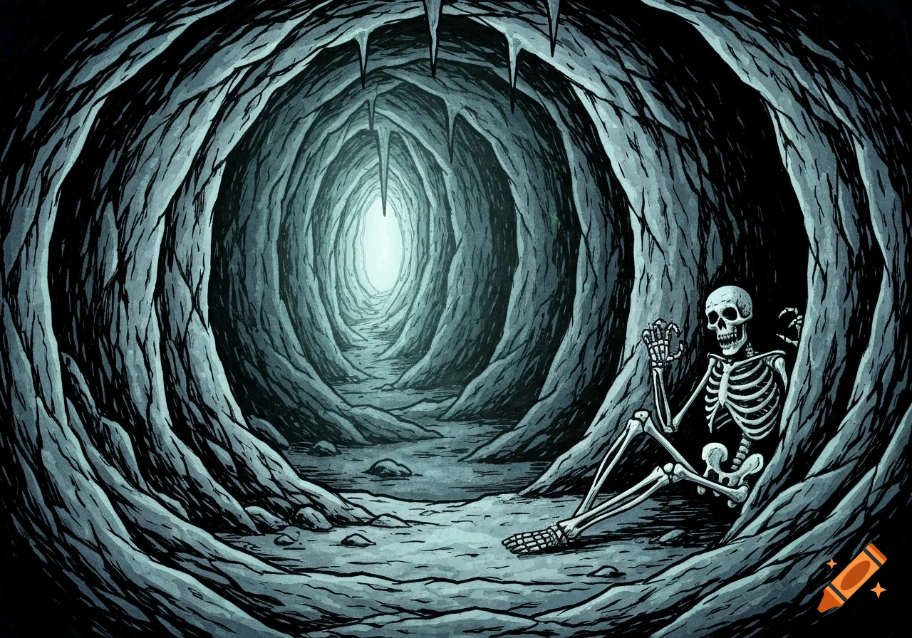 A hand-drawn comic book style illustration shows a white skeleton sitting in a dark, winding cave with glowing light at the end.