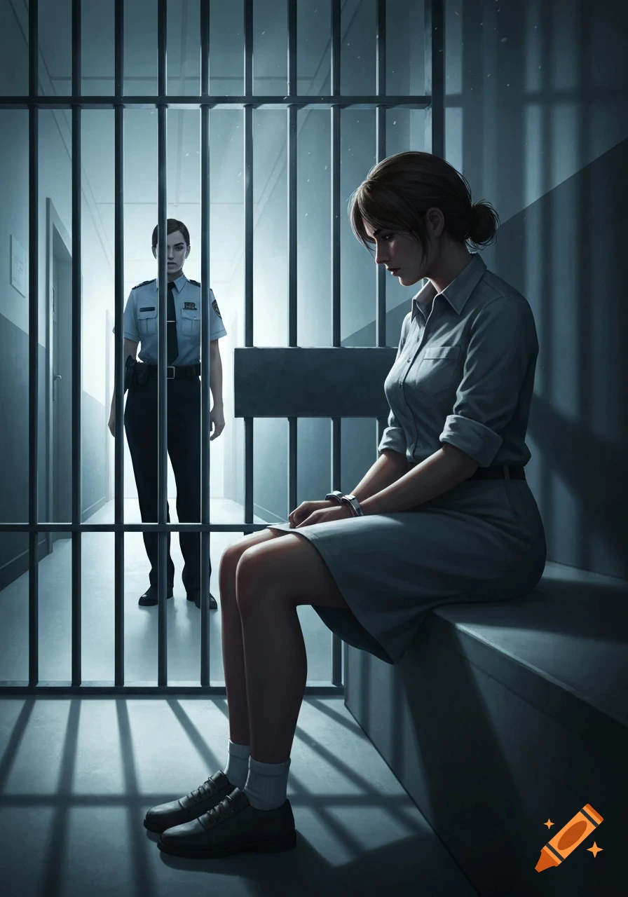 A somber woman in handcuffs sits in a dimly lit prison cell as a police officer stands outside the bars.