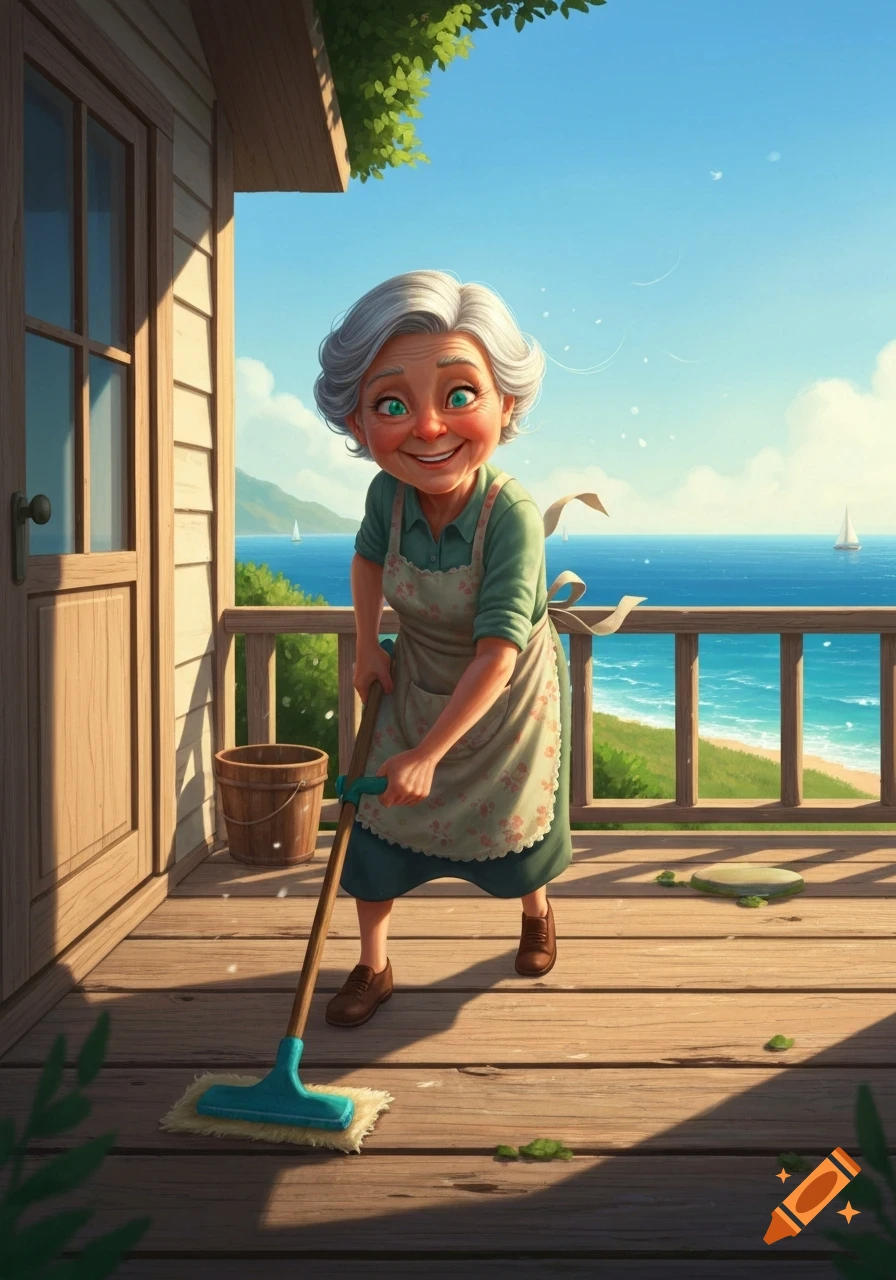 A smiling, cartoon-style old lady with white hair and an apron mops a wooden deck overlooking a sunny blue ocean.