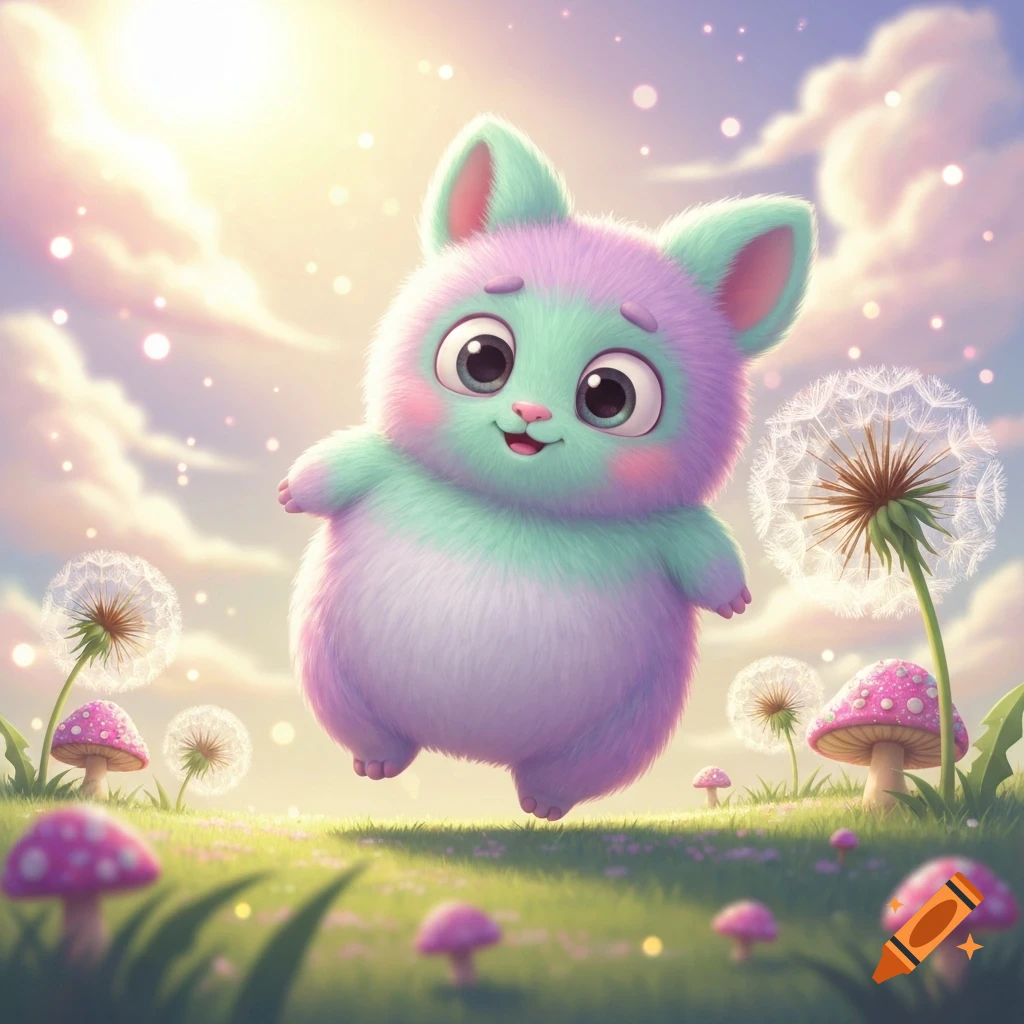 A cute, fluffy, mint green and purple creature with big eyes floats in a whimsical field with dandelions and pink spotted mushrooms under a bright, cloudy sky.