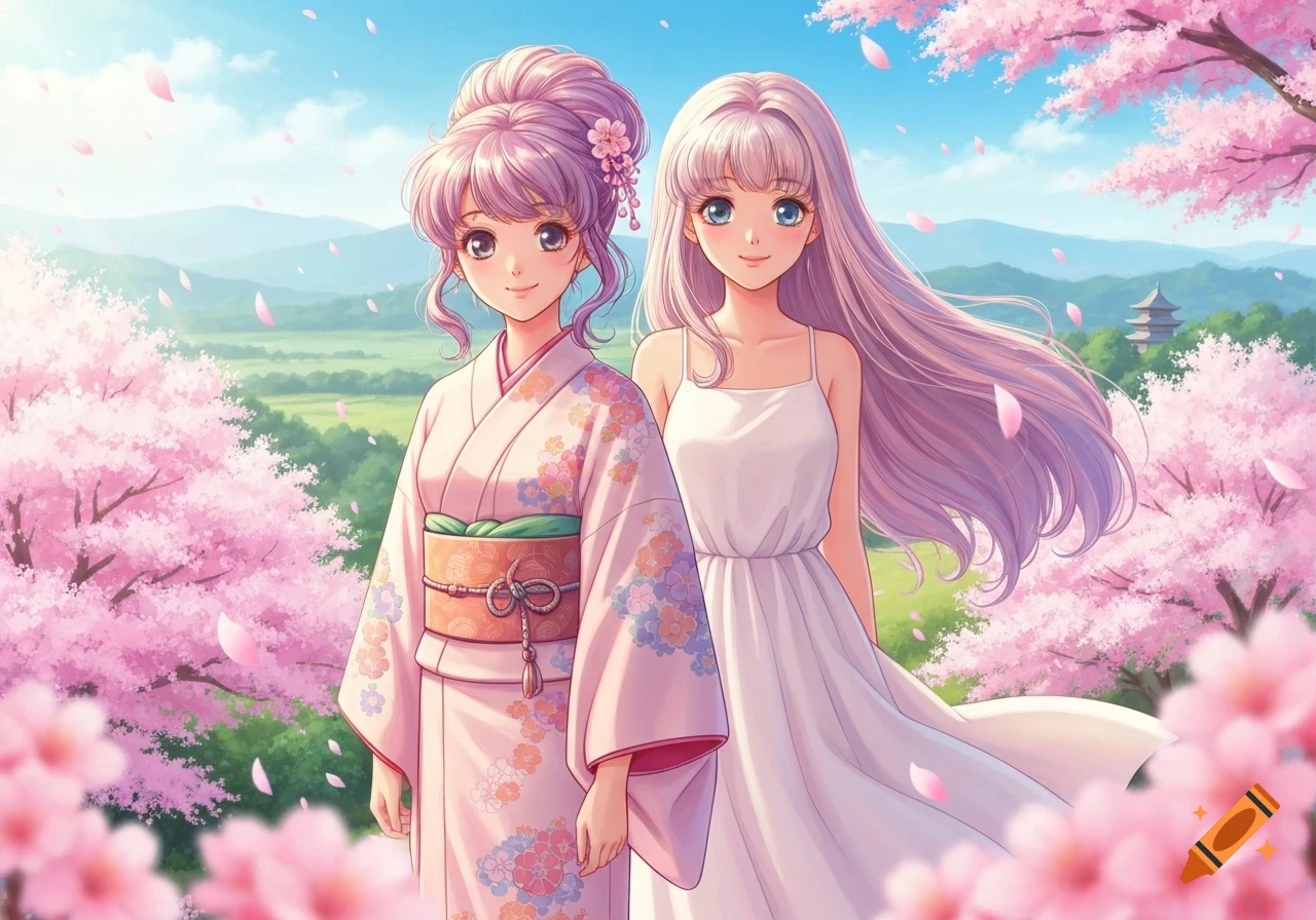 Two anime girls, one in a kimono, stand smiling in a vibrant cherry blossom field with mountains and a pagoda in the background.