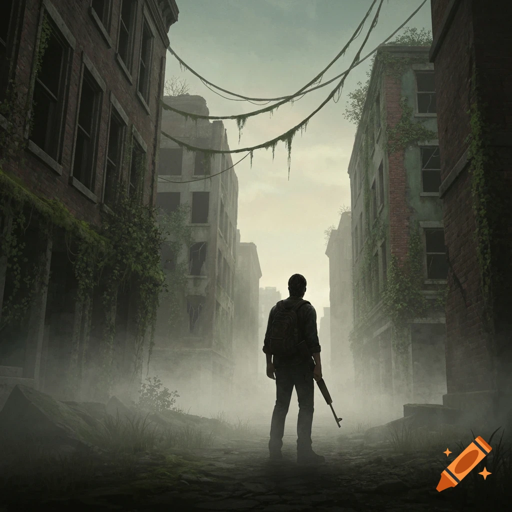 A lone person with a backpack holding a rifle stands in a foggy, overgrown, post-apocalyptic city street.