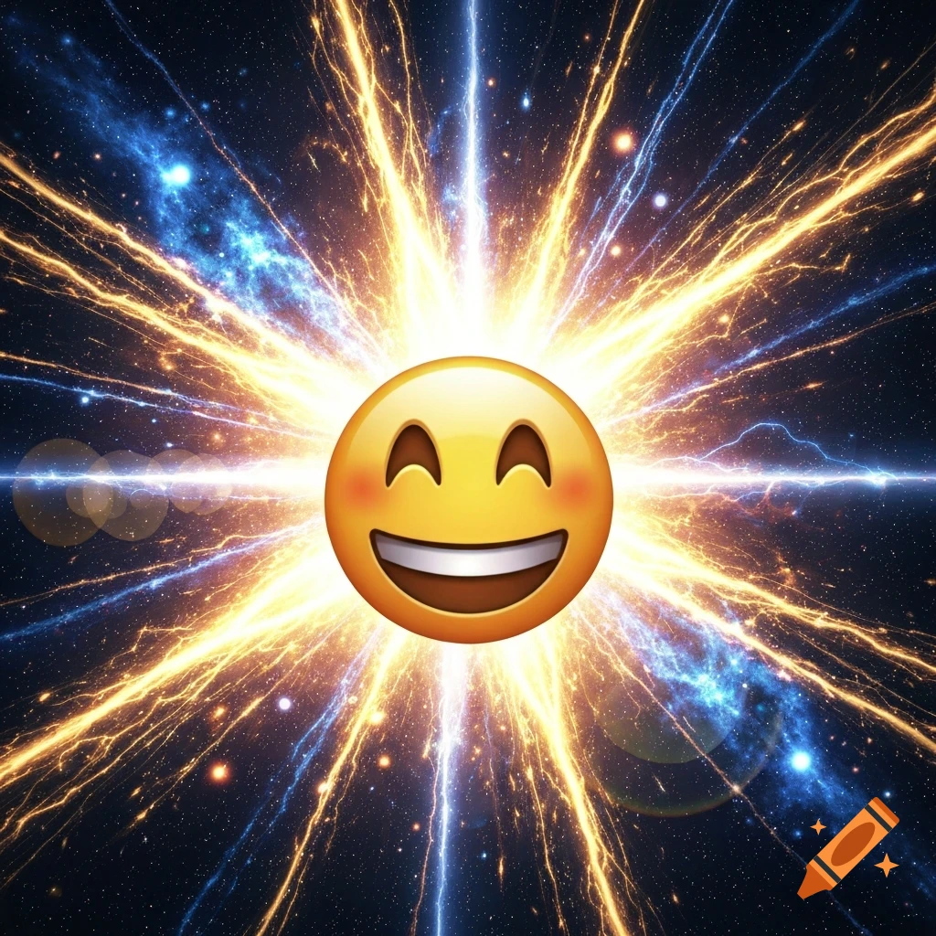 A smiling emoji with rosy cheeks, centered in an explosive alchemic blast of yellow and blue light against a starry space background.