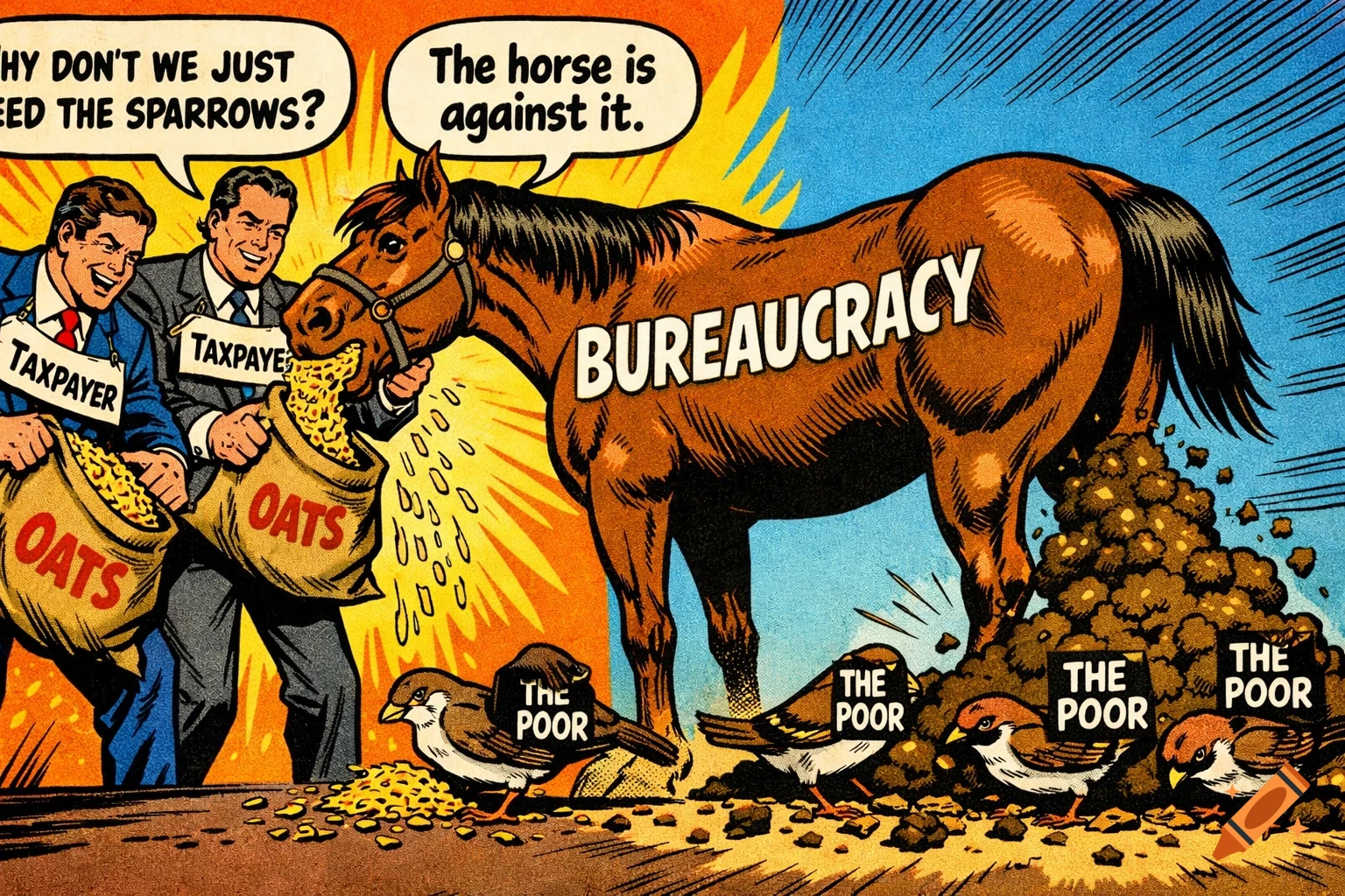 Comic book style image of two men labeled 'TAXPAYER' feeding 'OATS' to a horse labeled 'BUREAUCRACY'. The horse excretes manure, where sparrows labeled 'THE POOR' pick. One man asks, 'WHY DON'T WE JUST FEED THE SPARROWS?', to which the other replies, 'The horse is against it.'