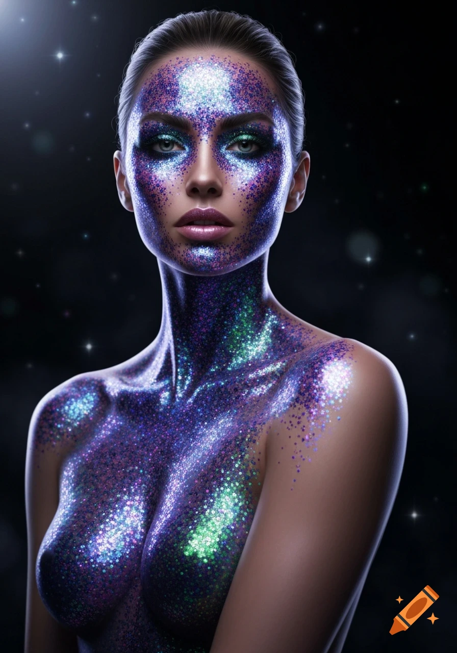 Close-up of a woman covered in shimmering purple and green glitter on her face and upper body, against a dark background in a photorealistic style.