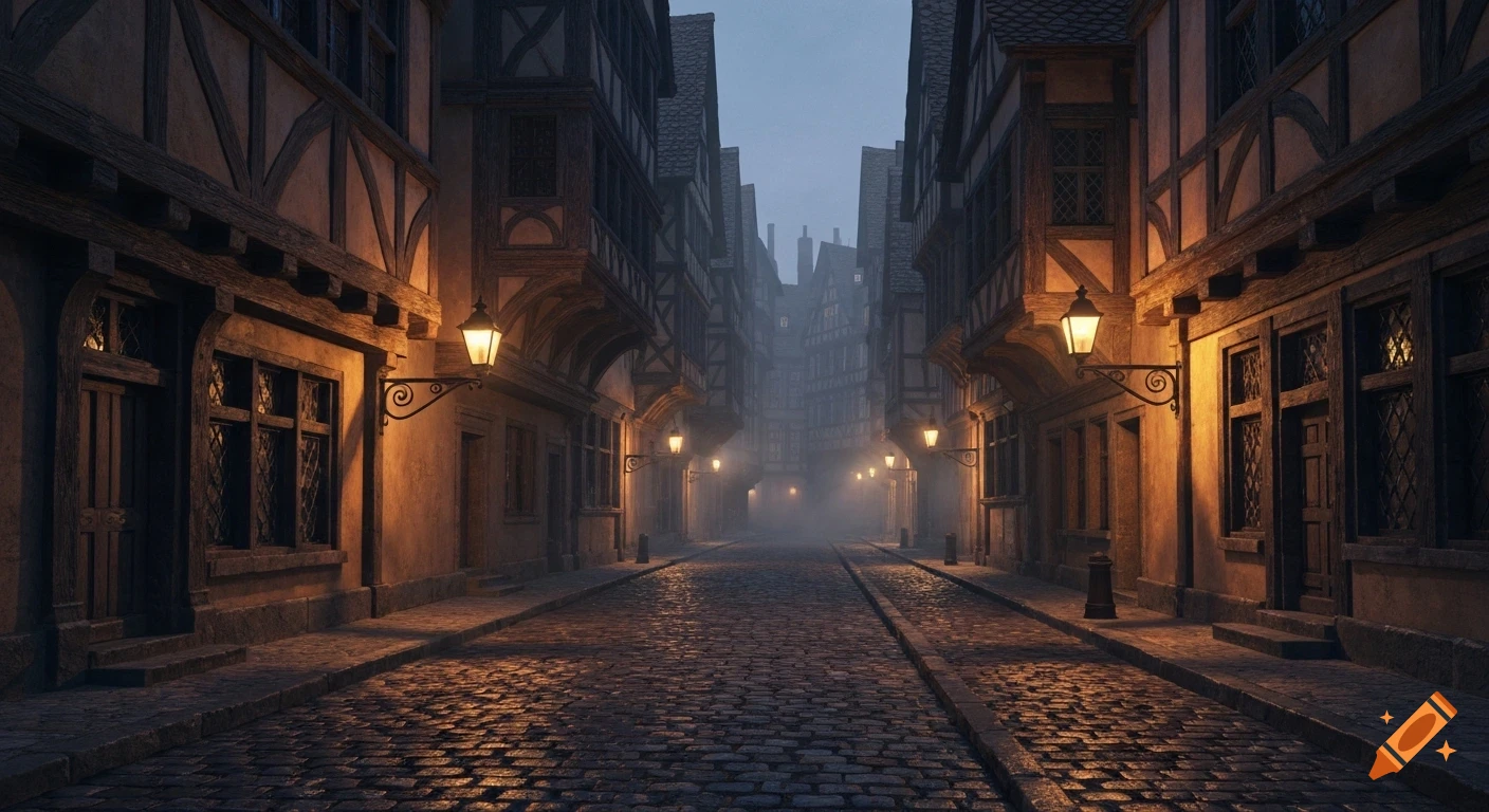 A cinematic, moody evening view down an empty, cobblestone Old European street lined with illuminated timber-frame buildings.