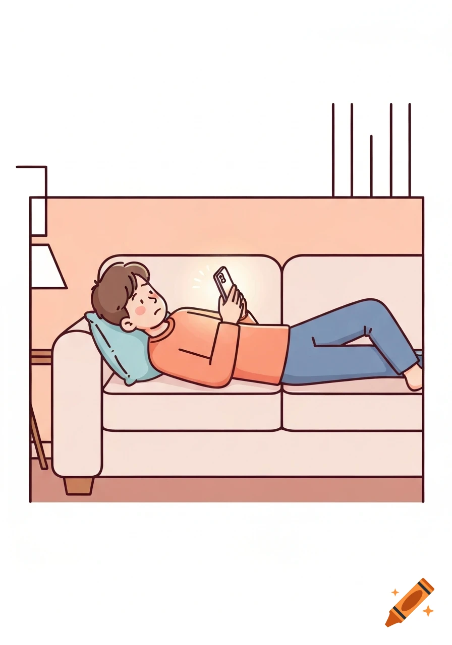 A tired cartoon person in an orange shirt and blue pants lies on a light-colored sofa, looking at a glowing smartphone screen.
