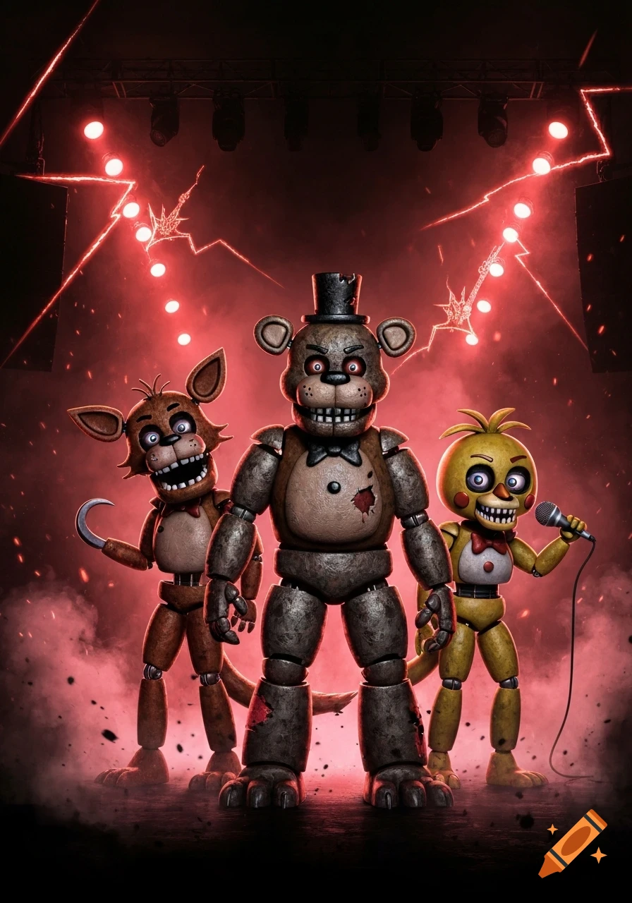 Freddy Fazbear, Foxy, and Chica animatronics on a smoky stage with red spotlights and lightning effects, in a heavy metal style.