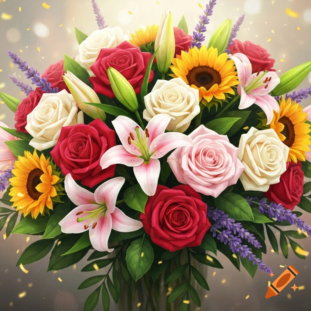 A vibrant, photorealistic bouquet featuring red and white roses, pink lilies, yellow sunflowers, and purple lavender with golden confetti.