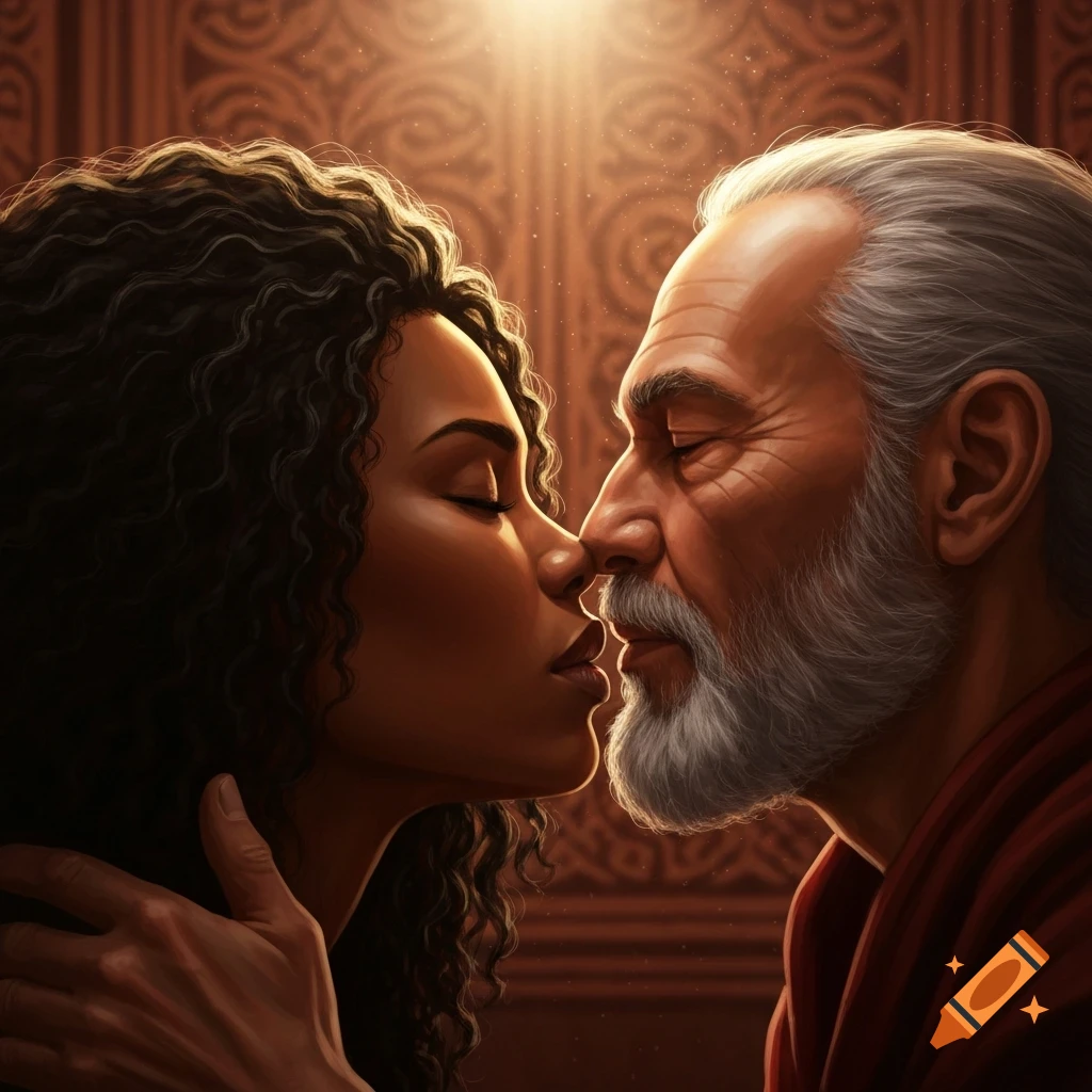 A dark-haired woman and a grey-bearded man lean in for a tender, intimate kiss, eyes closed.