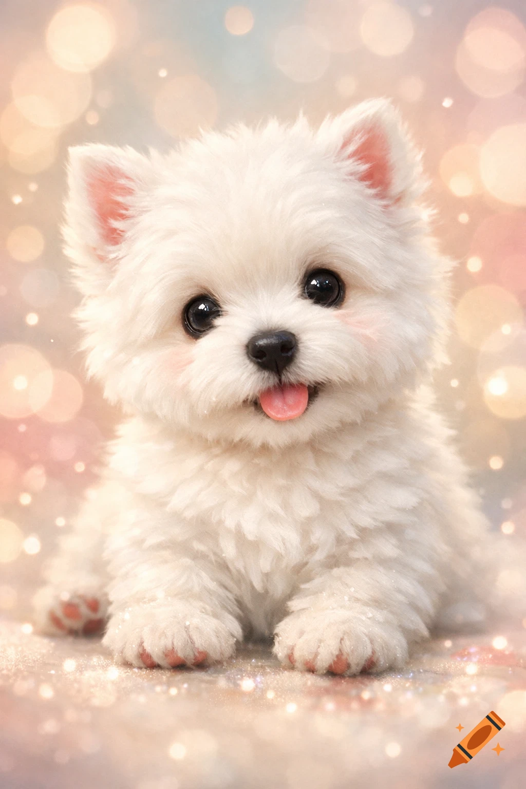A cute fluffy white puppy with big dark eyes and a pink tongue sits on a sparkly surface with soft bokeh lights in the background.