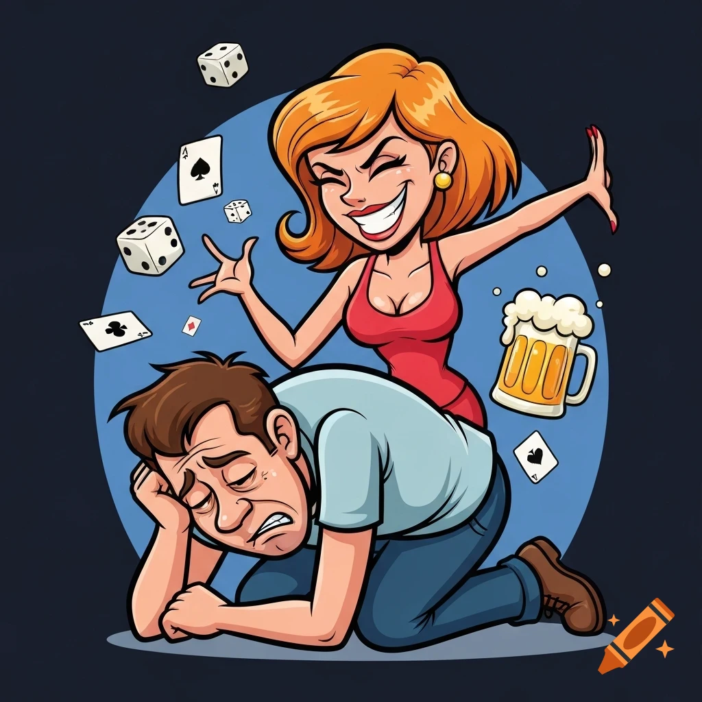 Humorous cartoon of a distressed man on his knees, a mischievous woman on his back, with gambling cards, dice, and beer.