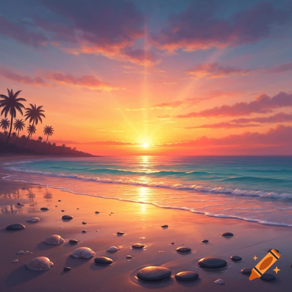 Vibrant sunset over a tropical beach with palm trees, ocean waves, and ...