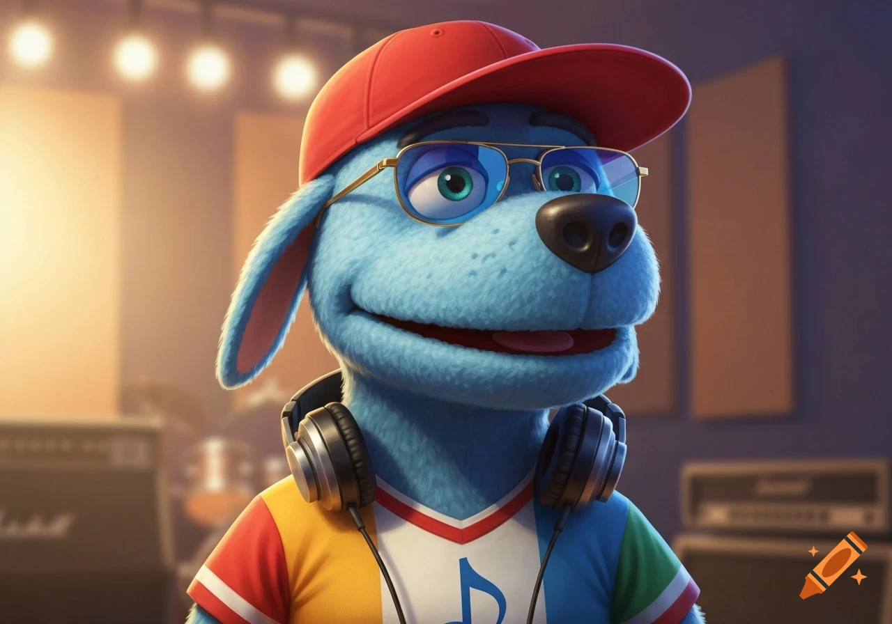 Anthropomorphic blue dog puppet in a red cap, blue sunglasses, and headphones, wearing a colorful sports jersey with a music note in a studio.