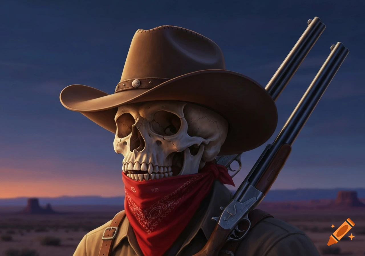 A skeleton cowboy wearing a hat and red bandana, carrying two shotguns, standing in a desert landscape at dusk. Digital art.