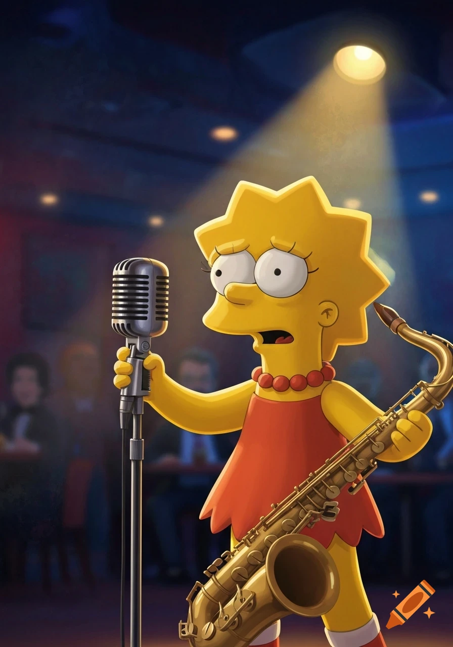 Lisa Simpson nervously holds a microphone and a saxophone under a spotlight in a dimly lit club.