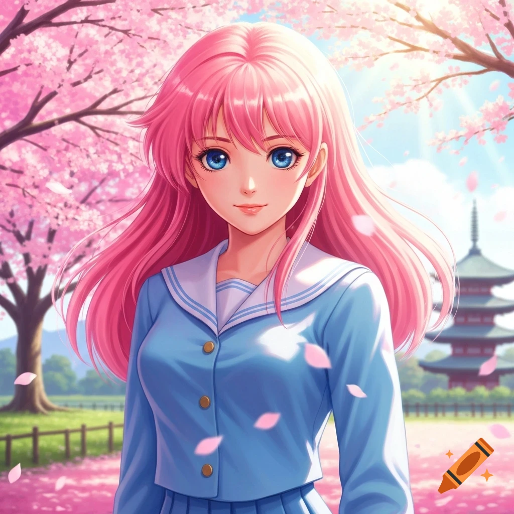 An anime girl with pink hair and blue eyes, wearing a school uniform, stands smiling under pink cherry blossom trees with a pagoda in the background.