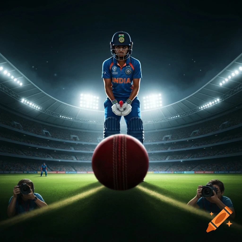 Dramatic low-angle shot of a woman cricket player in an India uniform and helmet, with a red cricket ball in the foreground on a stadium pitch at night.
