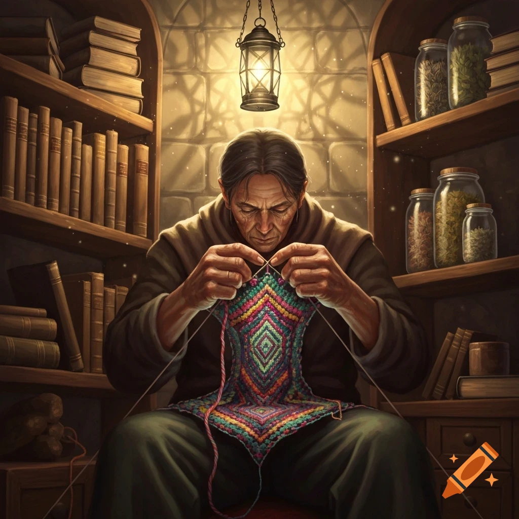 An old person intently knits a colorful pattern in a cozy, dimly lit room with bookshelves and jars, illuminated by a hanging lantern. Digital art.